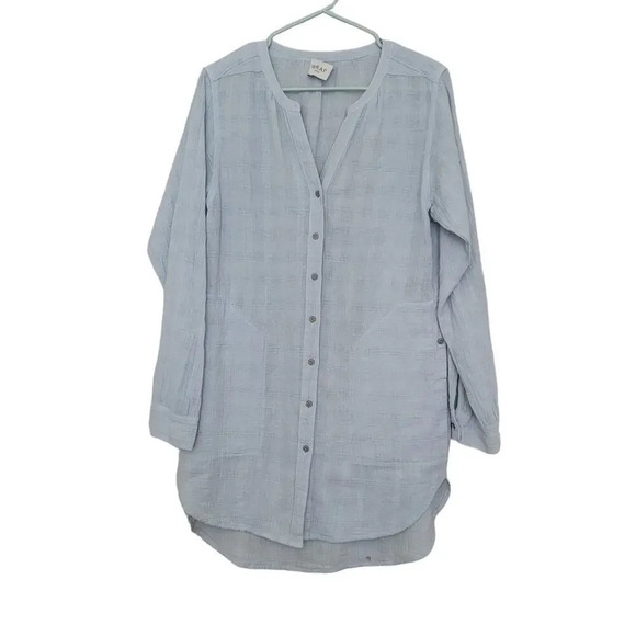 Wrap London Women's Button-Up Tunic Top Size 2 Blue Linen Long Sleeves V-Neck - Picture 1 of 10